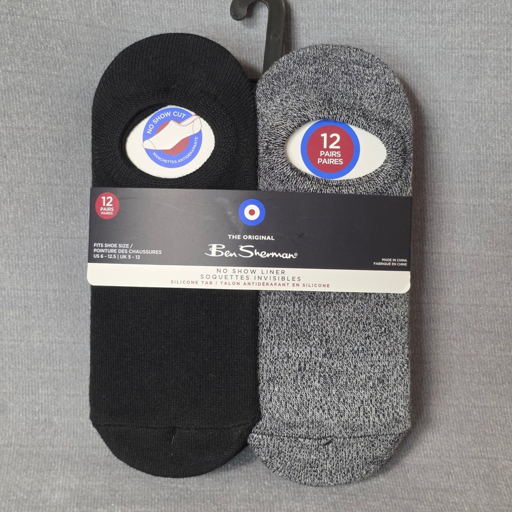 Ben Sherman No Show Liner Socks Mens 6-12.5 Black Grey 12 Pairs BSSKM0357 New